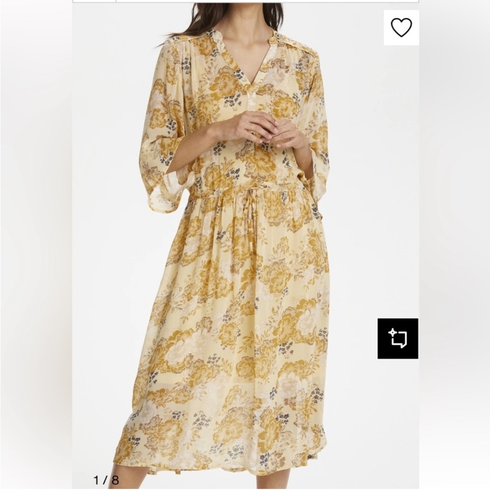 Part Two Copenhagen Chic Floral Midi Dress in Cream and yellow lined